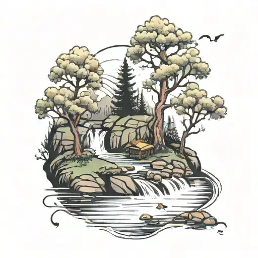 A River With A Campfire On One Side And A Crabapple Tree On The Other Side Waterfalls Down The Front