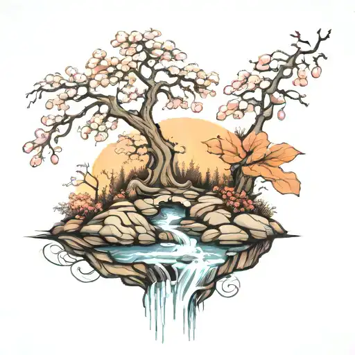 A River With A Campfire On One Side And A Crabapple Tree On The Other Side Waterfalls Down The Front