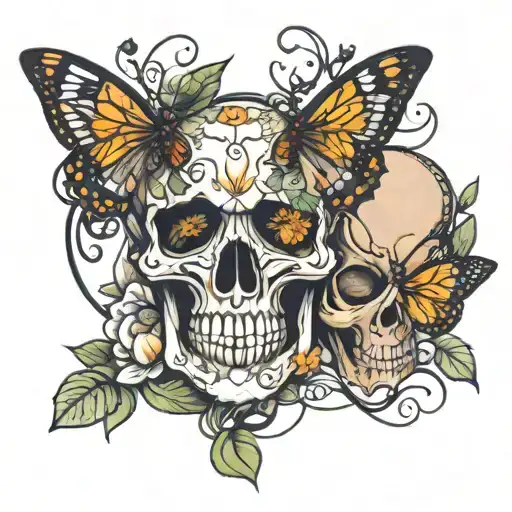 Skull Butterfly Flowers Intertwined