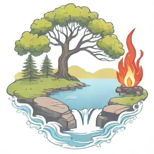 A Rowan Berry Tree And A Campfire Beside A River Waterfalling Down The Front