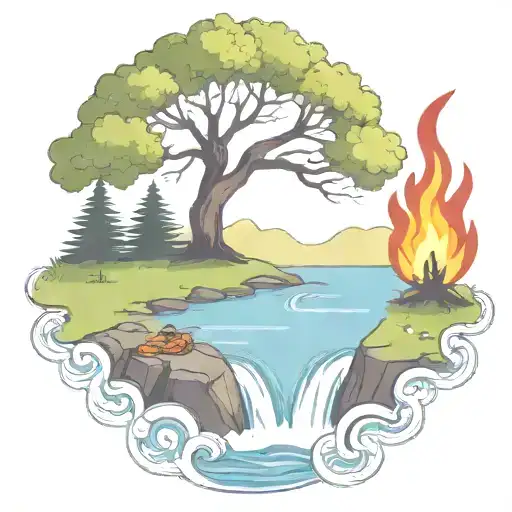 A Rowan Berry Tree And A Campfire Beside A River Waterfalling Down The Front