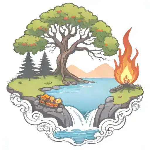 A Rowan Berry Tree And A Campfire Beside A River Waterfalling Down The Front