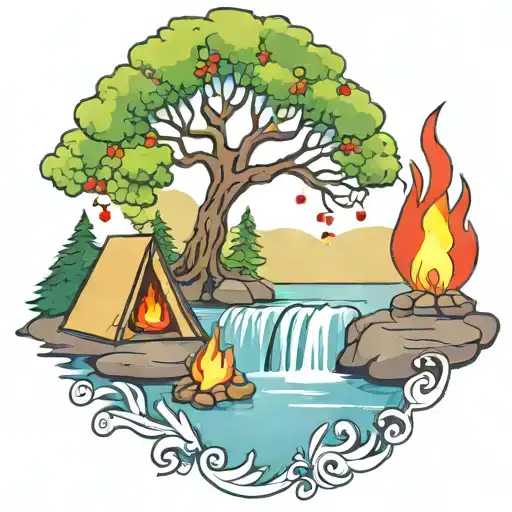 A Rowan Berry Tree And A Campfire Beside A River Waterfalling Down The Front