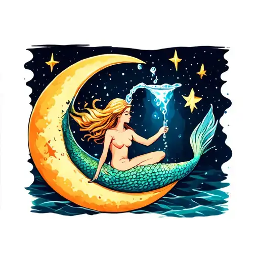 Mermaid Sitting On Crescent Moon Pouring Water That Turns Into Stars