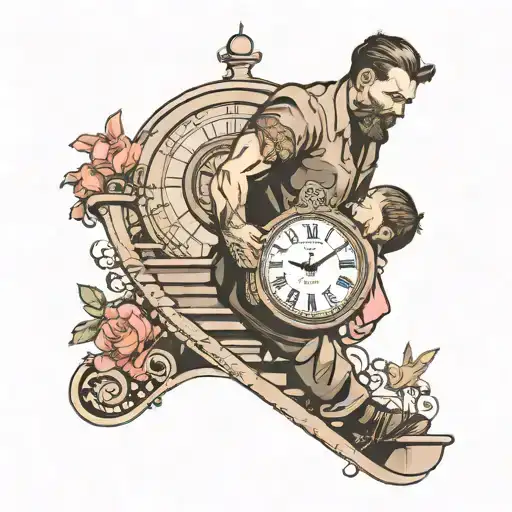 Man Holding A Baby Girl Walking Up On Stairs Towards A Clock