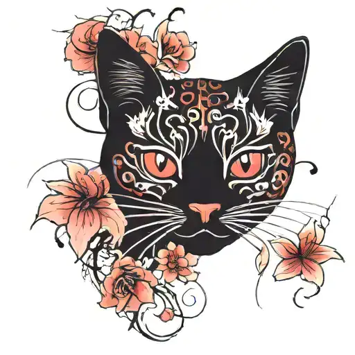 Black And Red Lucky Cat With Spider Lilies Scattered Throughout