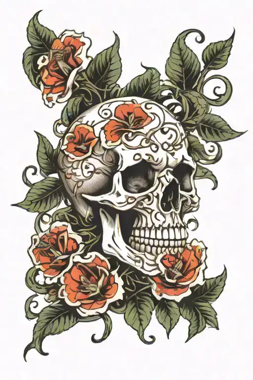 Skull Surrounded By Magic Mushrooms With Vines Wrapped