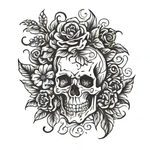 Skull Surrounded By Hibuscus Flowers