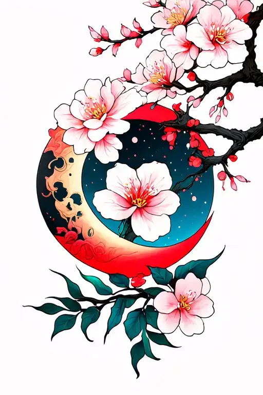 Sakura Flower With A Moon The Tattoo In Fairly Long Red And Not Too Wide