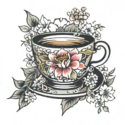 Asian Tea Cup Surrounded By Blooming Flowers