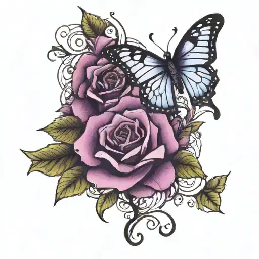 Purple Rose And Butterfly On Thigh