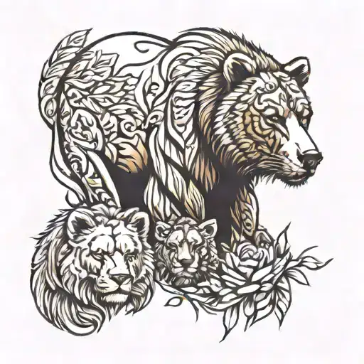 Brown Bear And Lioness Surrounded