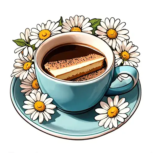A Cup Of Coffee With Cake Slice Covered In Daisies