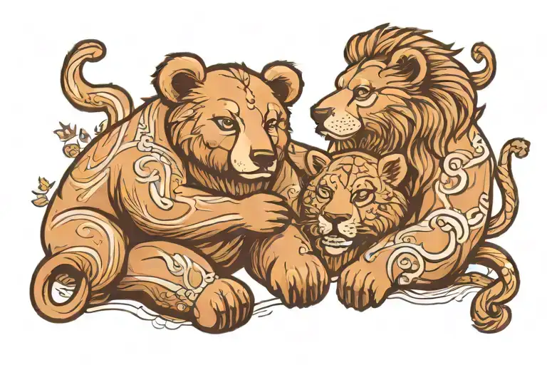 One Brown Bear And One Lion Together Hugging