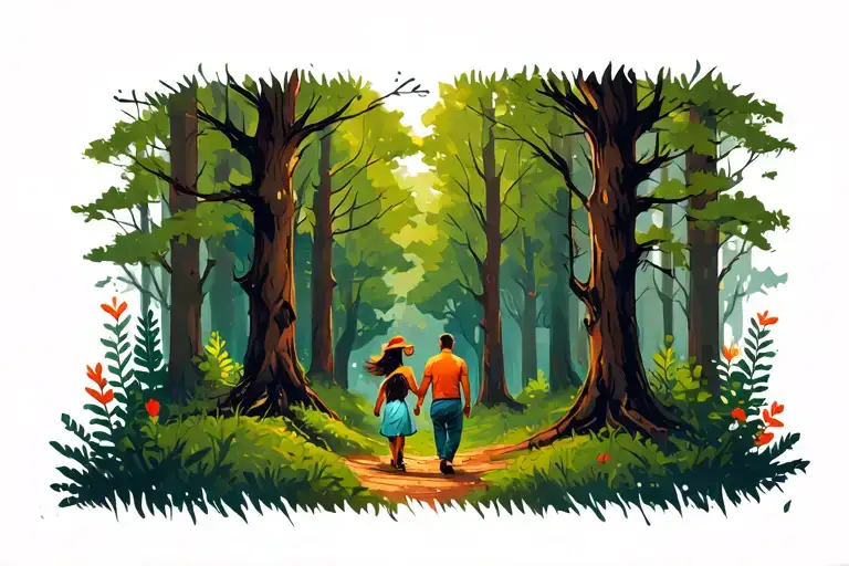 Forest With Father Daughter Walking