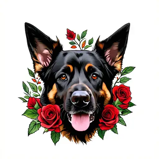 Black German Shepherd With Roses And A Knife