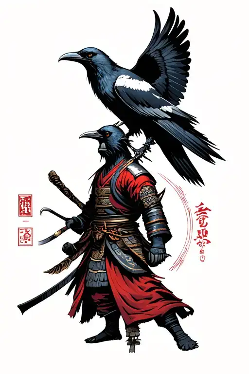 Samurai Against The Backdrop Of A Raven With Srack Wings