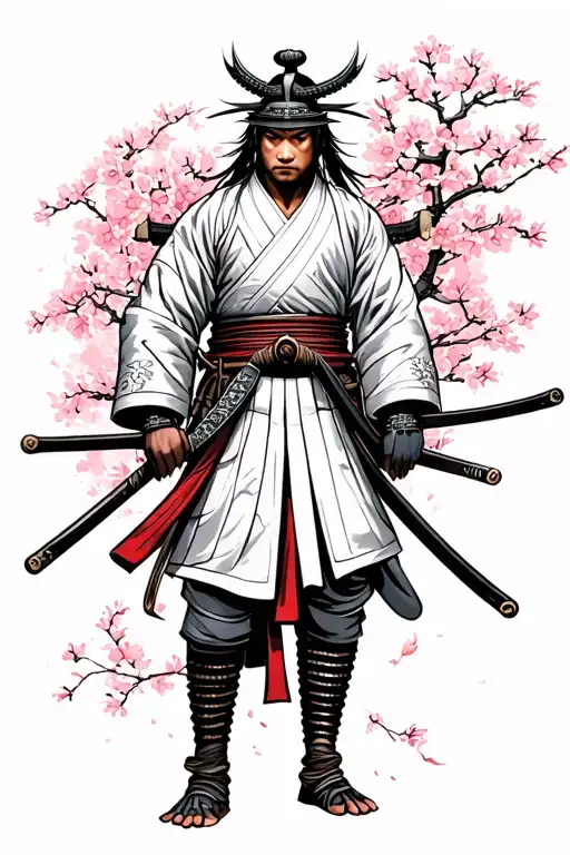 Samurai Against The Background Of Sakura