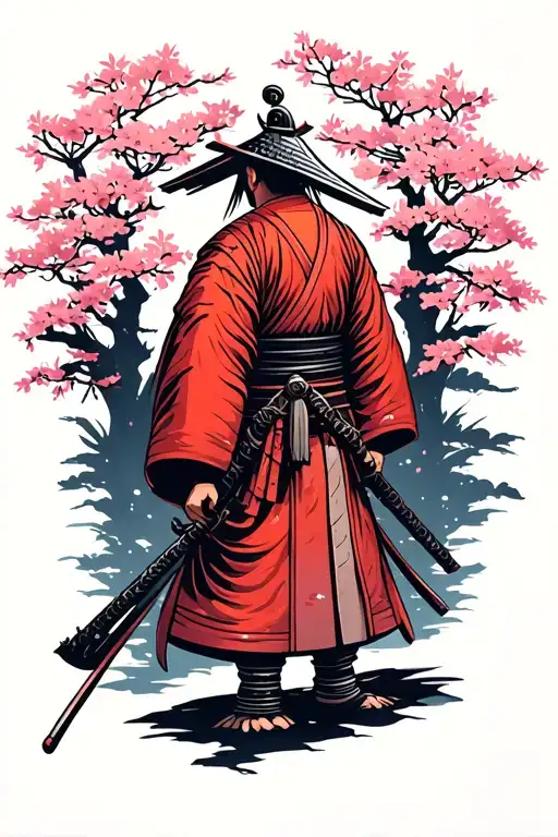 Samurai Stands Back In The Grove Against The Backdrop Of Sakura At Night