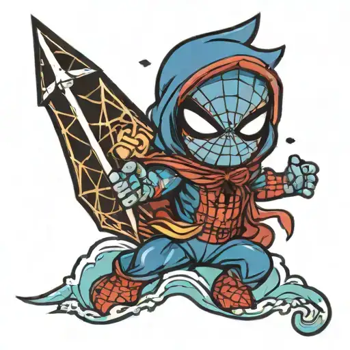 Chibi Baby Spiderman Holding A Lightning Bolt While There Is Ocean Waves In The Backround