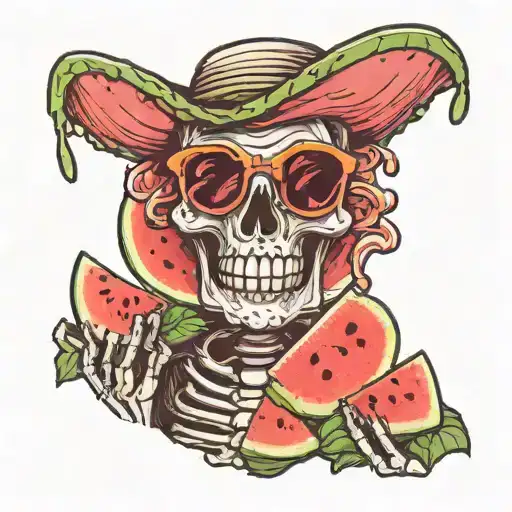 Skeleton In Sunglasses Eat Watermelon In Comcs Style