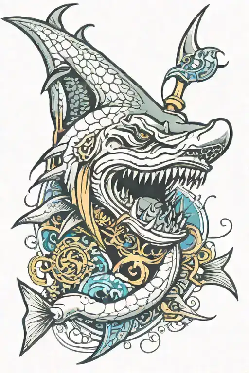 Hammerhead Shark With King Neptune Trident Surrounded