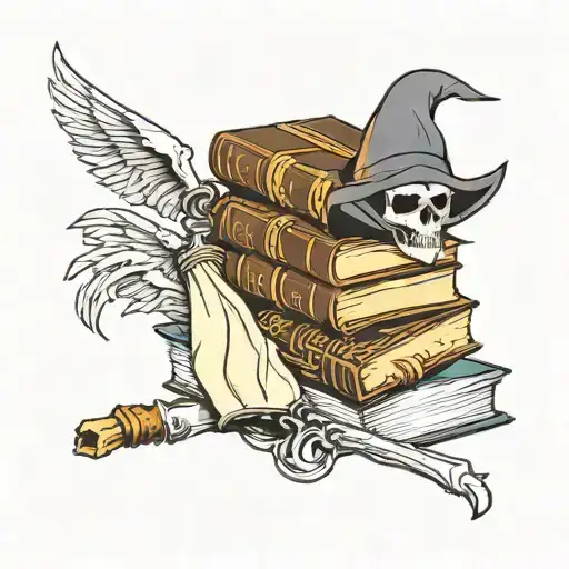 Stack Of Books With A Grim Reaper Sickle On The Binding