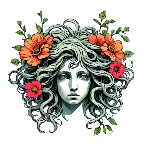 Medusa Head With Long Hair And Flowers