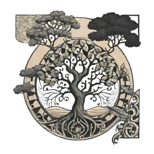 A Tree Of Life With A Nazar Boncuk With Geometric Shapes