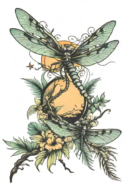 Dragon Fly Palm Tree And Crescent Moon Merging Together