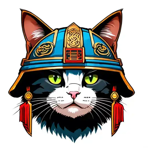 Full Colour Cat Head Wearing Samurai Helmet