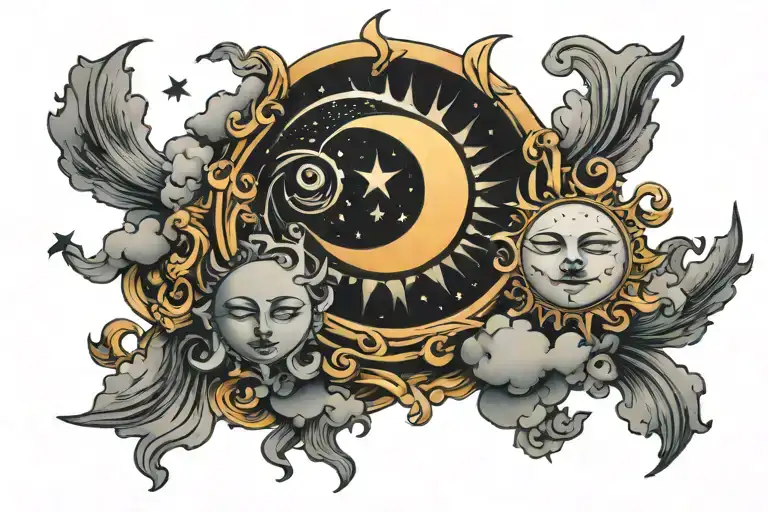 Sun And Moon With Cloud Background