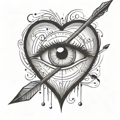 An Eyeball With An Arrow Shooting Through It Encapsulated In A Heart Shape Black And White
