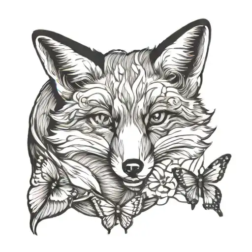 Red Fox Curled Up With A Butterfly On Its Nose