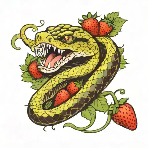 Snake With Open Mouth Coiled Between Strawberries