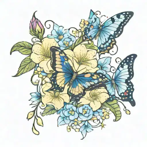 Evening Primrose And Blue Star Flower Intertwined With Blue Butterflies Surrounding