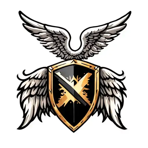 Black And Gold Shield With Angel Wings On The Side Only