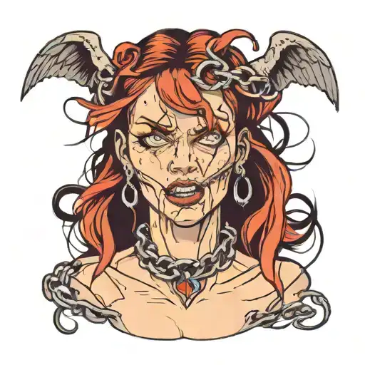 Woman's Head With A Torn Chain Around The Neck And Evil Flying Out Of The Head Horror Cartoon