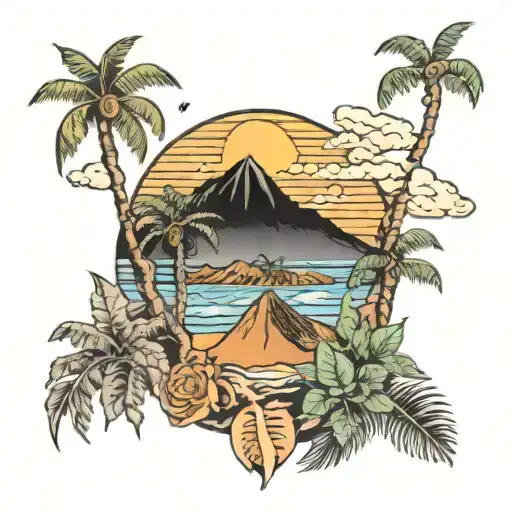 Canary Islands Mixed With Volcano And Palm Tree