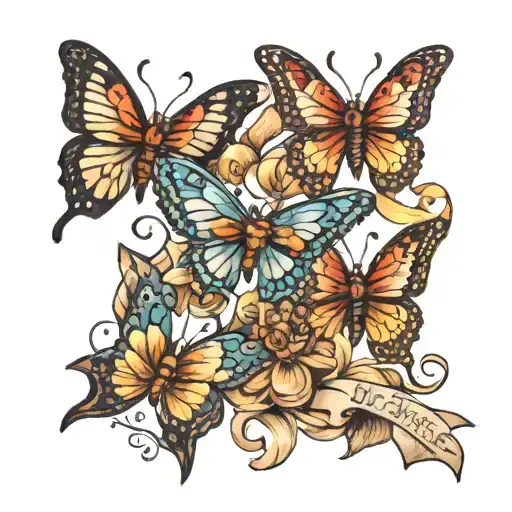 Three Butterflies With A Ribbon For Birth And Death Date