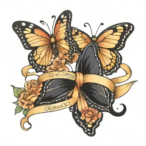 Three Butterflies With A Ribbon For Birth And Death Date