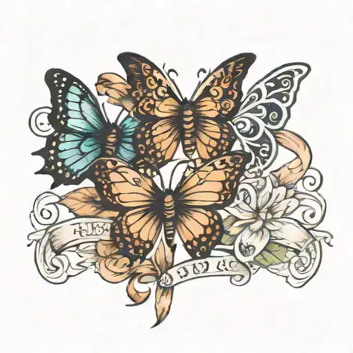 Three Butterflies With A Ribbon For Birth And Death Date
