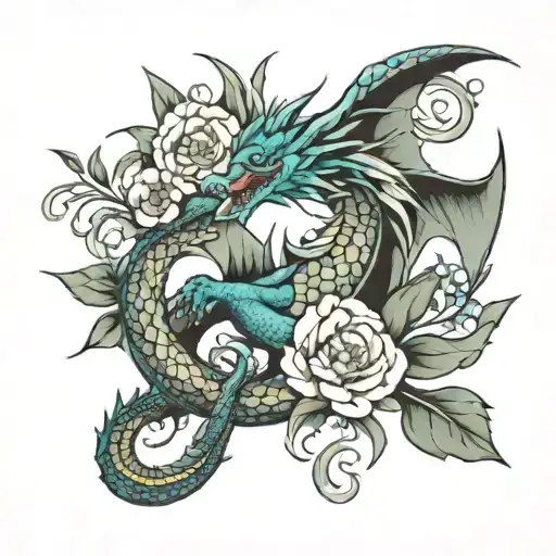 Dragon And Flowers Intertwined