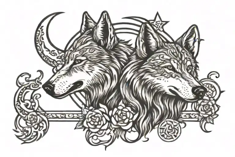 Crescent Moon Star And Wolf Howling