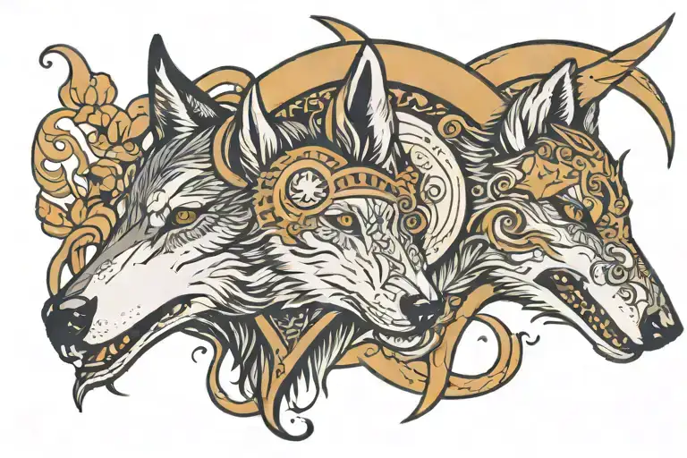 Crescent Moon With Lonestar And Howling Wolf Head Profile Holding