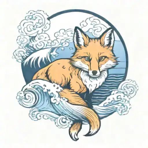 Fox With Moon And Wave In The Background