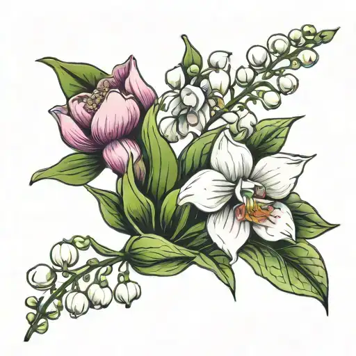 Sprig Of Lily Of The Valley Orchid And Peony
