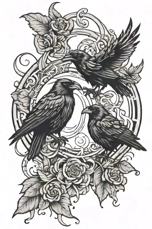 Two Ravens With Circle