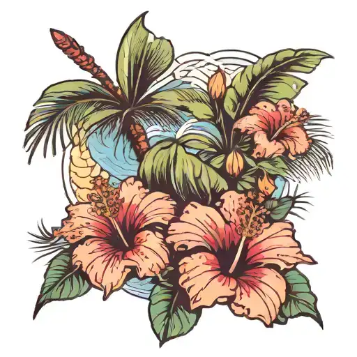 Hibiscus Flower With A Palm Tree And Waves