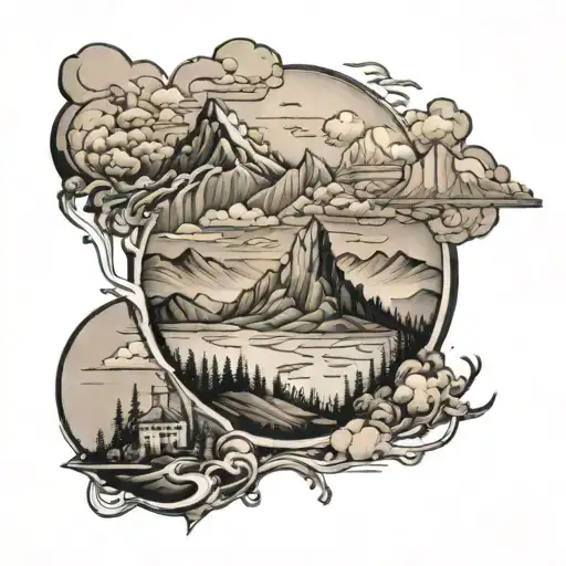 A Black-grey Tattoo Of A Mountain Vista With A Health Economist Studying The Landscape